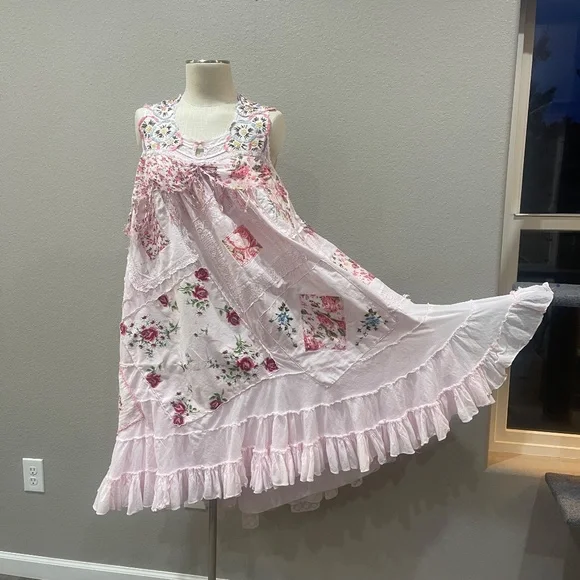 Pink Upcycled Boho Shabby Chic High Low  Dress with  Ruffles & Appliqués, Size M - Picture 4 of 13